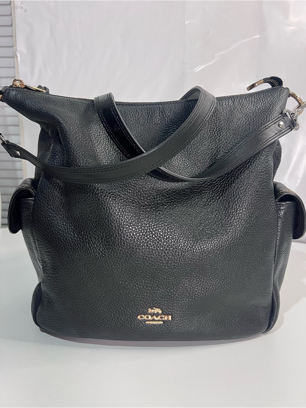 Coach Black Pebbled Leather Shoulder Bag with Gold Logo